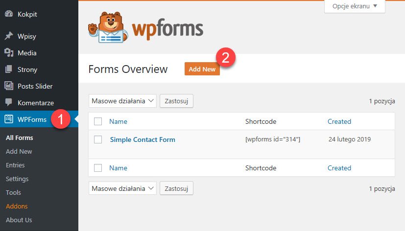 Obraz przedstawia krok po kroku proces tworzenia formularza za pomocą wtyczki WPForms