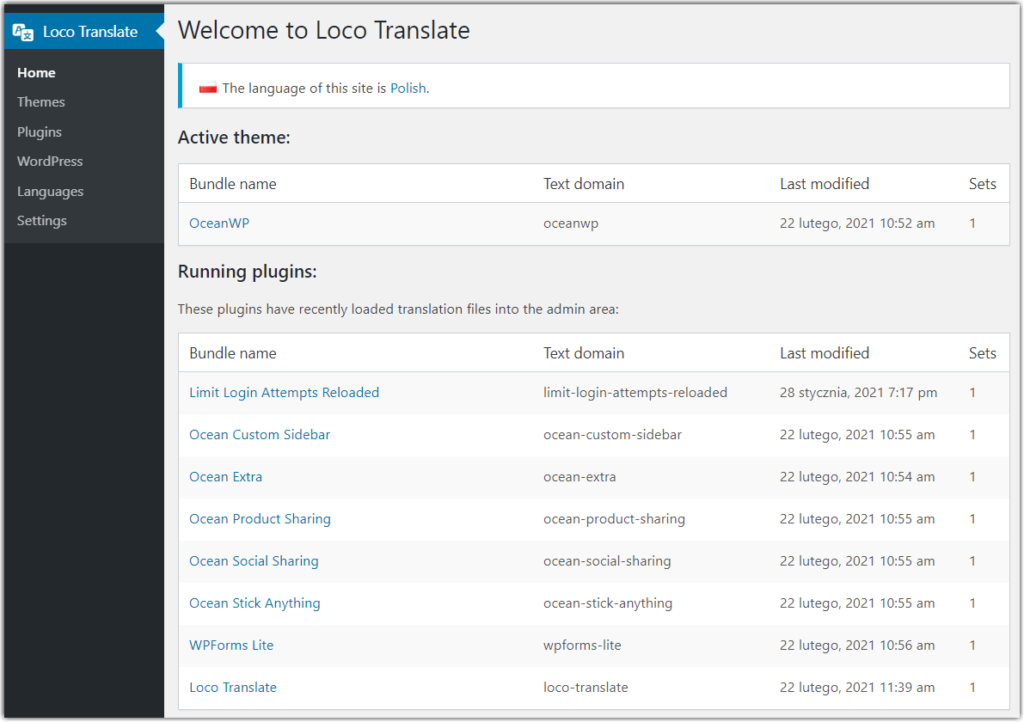 Obrazek pokazuje zawartość zakładki Loco Translate z listą motywów i wtyczek WordPress, gotowych do tłumaczenia