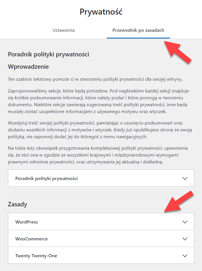 Strona przewodnika po zasadach polityki prywatności WordPress