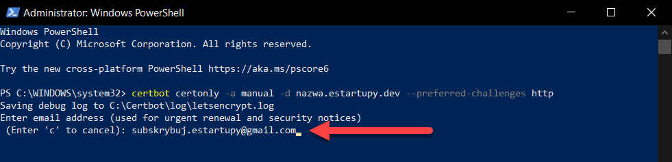 certbot generowanie darmowego certyfikatu ssl lets encrypt podanie adresu email dla przypomnień