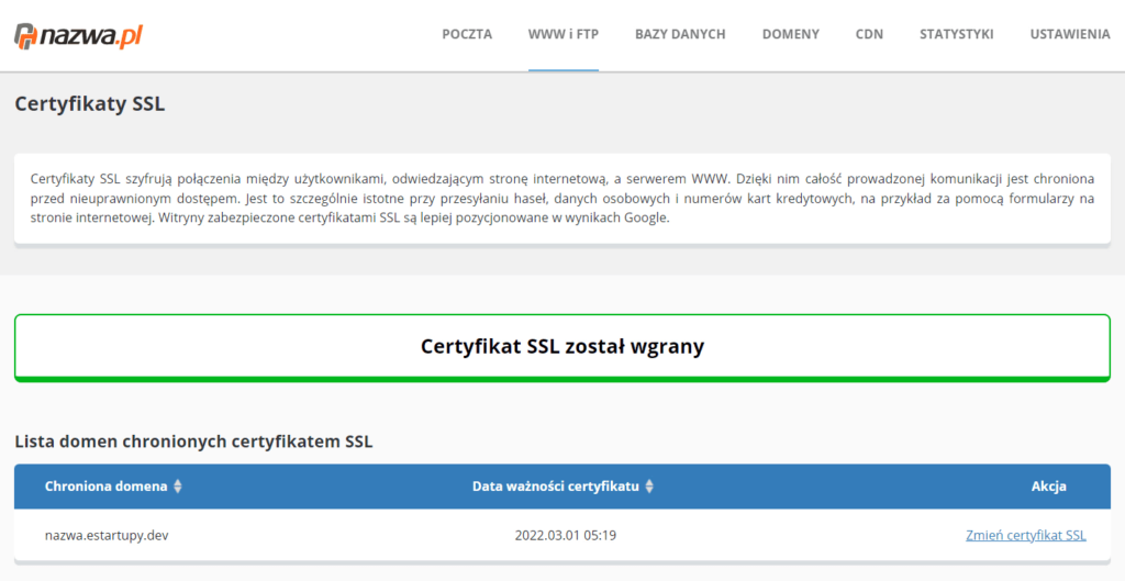 darmowy certyfikat ssl został wgrany w nazwa pl